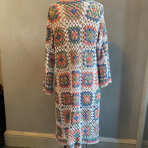 Long Cotton Open Crochet Multicolored Blanket Cardigan Coverup M/L - Picture 2 of 8